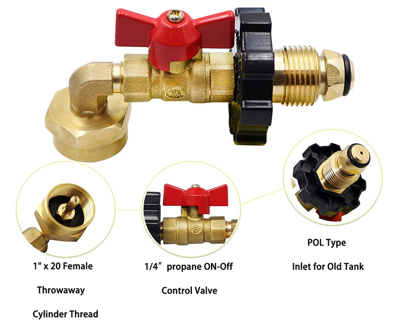 Adaptador de codo de repuesto de propano POL de 90 grados con válvula 