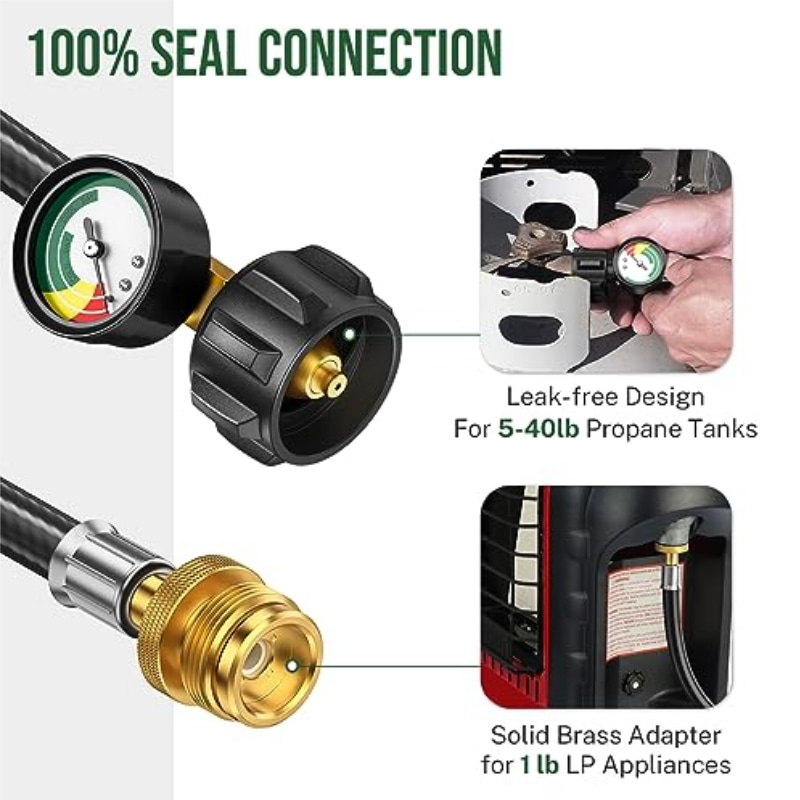 Adaptador de manguera de tanque de propano QCC de 8 pies de 1 lb a 20 lb con manómetro