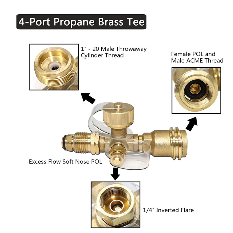 Kit de adaptador en T de latón y propano mejorado de 4 puertos para RV Camping