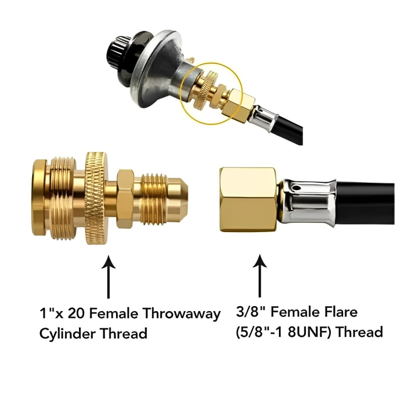 Adaptador regulador de llamarada macho de 3/8' para tanque de propano de 1 lb