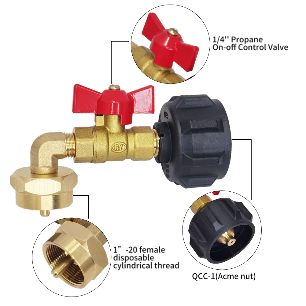 Adaptador de codo de repuesto de propano de 90 grados con válvula de 1/4 de pulgada