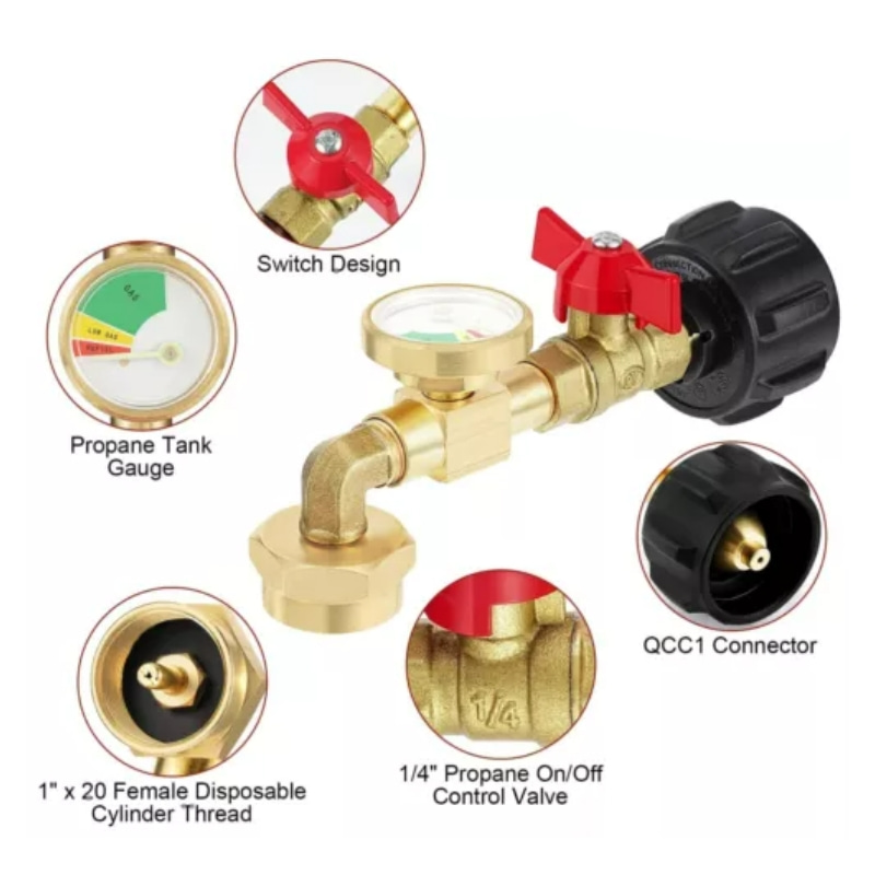 Adaptador de recarga de propano con manómetro, diseño de 90°, de 1 libra a 20 libras