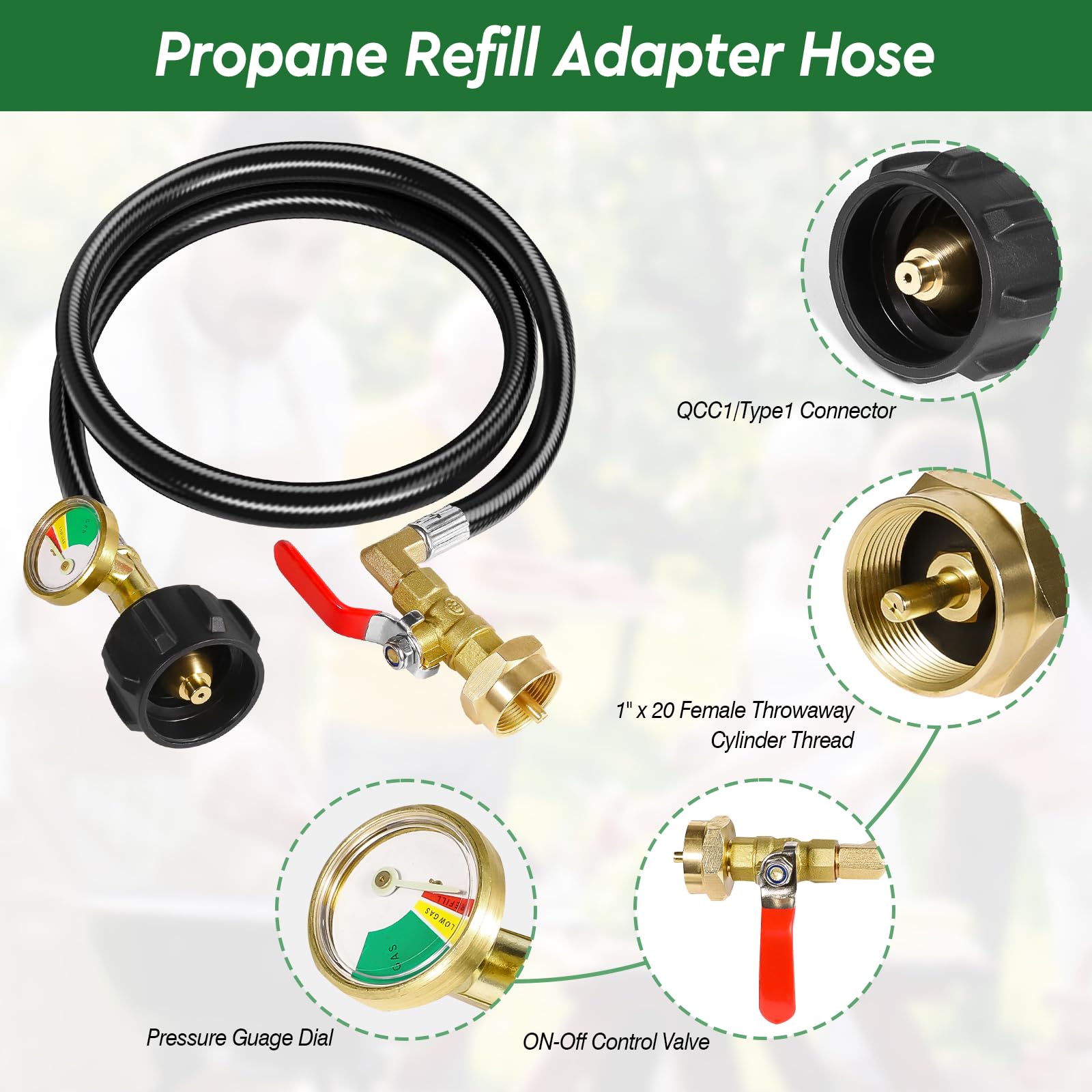 Manguera adaptadora de recarga de propano con calibre y válvula de control