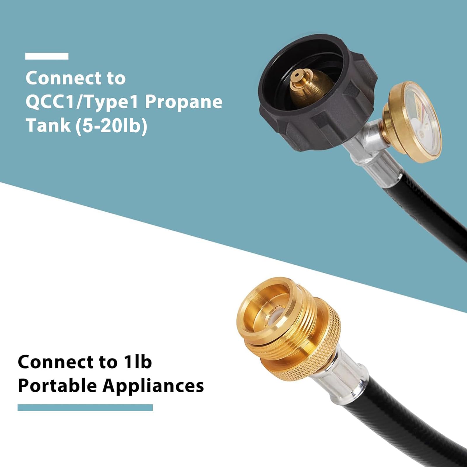 Convertidor adaptador de manguera de propano QCC de 12 pies con manómetro 
