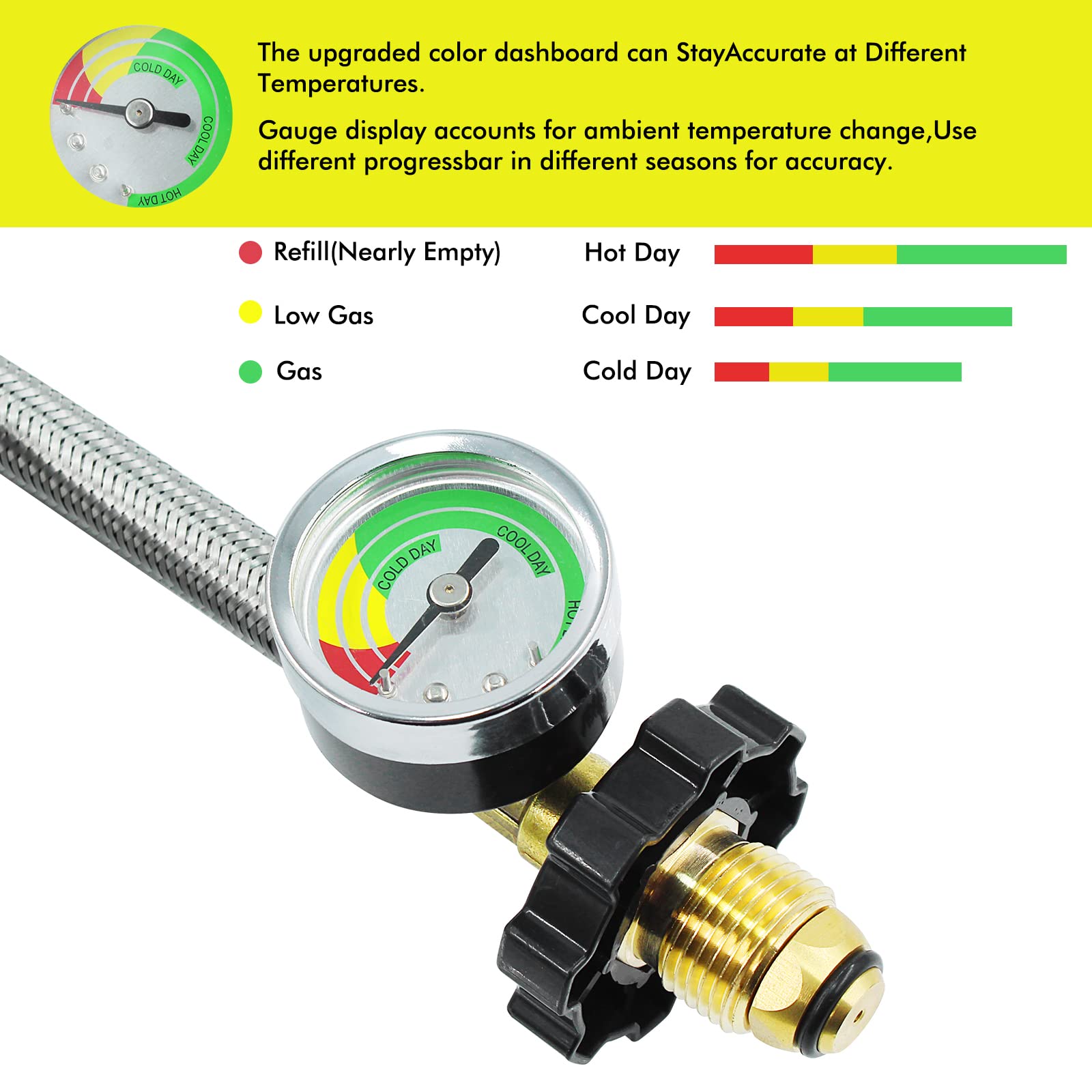 Manguera trenzada tipo coleta de propano NPT POL de 1/4'' con manómetro